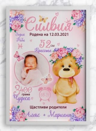 Постер с данни за раждане с розово мече и име