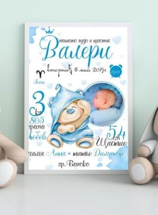 Бебешка визитка с име и снимка, мече